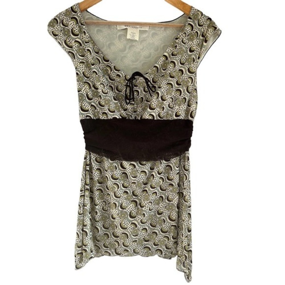Max Studio Size Large Y2K Mod Retro Mesh Blouse Green Brown Tan